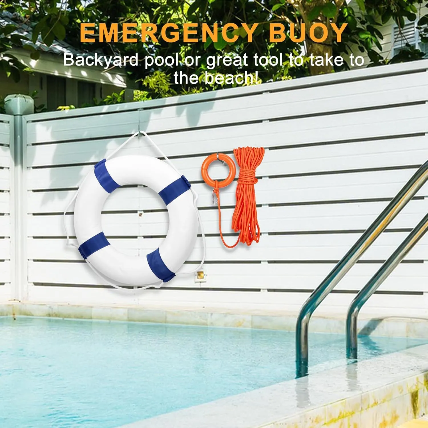 Swim Foam Buoy Set, 20inch Life Preserver Pool Safety Throw Ring with Water Floating Lifesaving Rope 98.4FT Set,Foam Swimming Tube Pool Ring Wall Decoration,Throwable Flotation Device