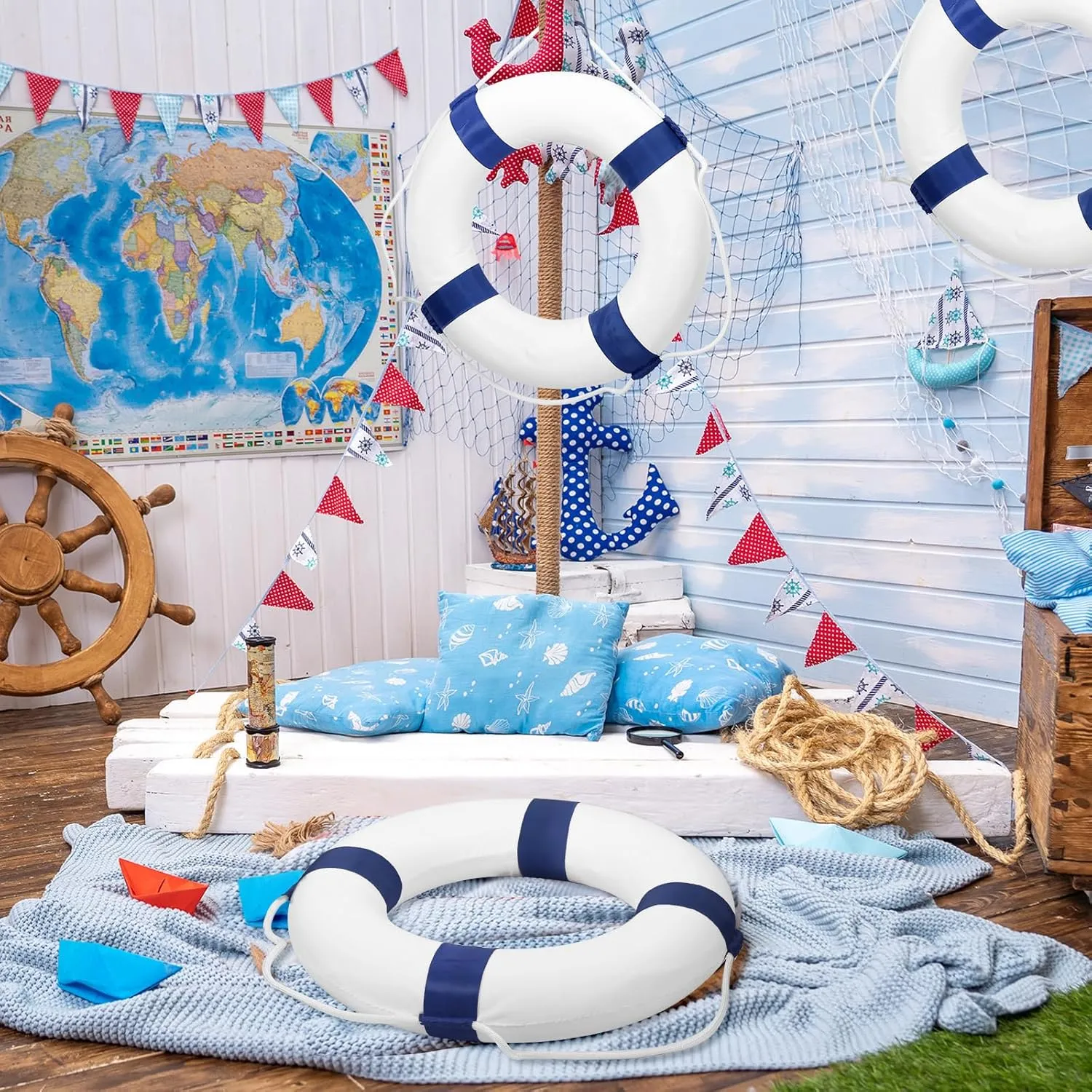 Swim Foam Buoy Set, 20inch Life Preserver Pool Safety Throw Ring with Water Floating Lifesaving Rope 98.4FT Set,Foam Swimming Tube Pool Ring Wall Decoration,Throwable Flotation Device