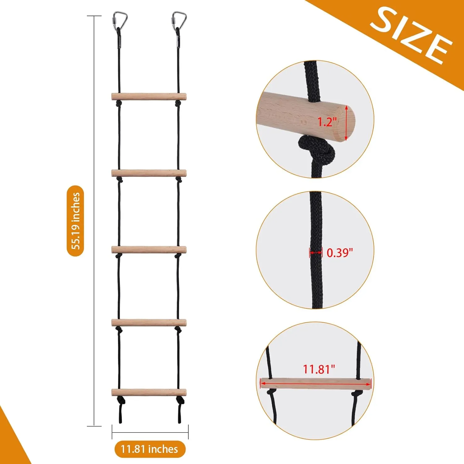 Swing Rope Ladder, Hanging Rope Ladders, Ninja Warrior Obstacle Course Accessories, Kids Climbing Game Hanging Ladder for Swing Accessories (2 Hooks)
