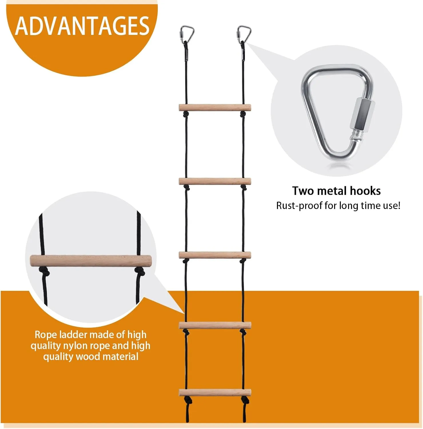 Swing Rope Ladder, Hanging Rope Ladders, Ninja Warrior Obstacle Course Accessories, Kids Climbing Game Hanging Ladder for Swing Accessories (2 Hooks)