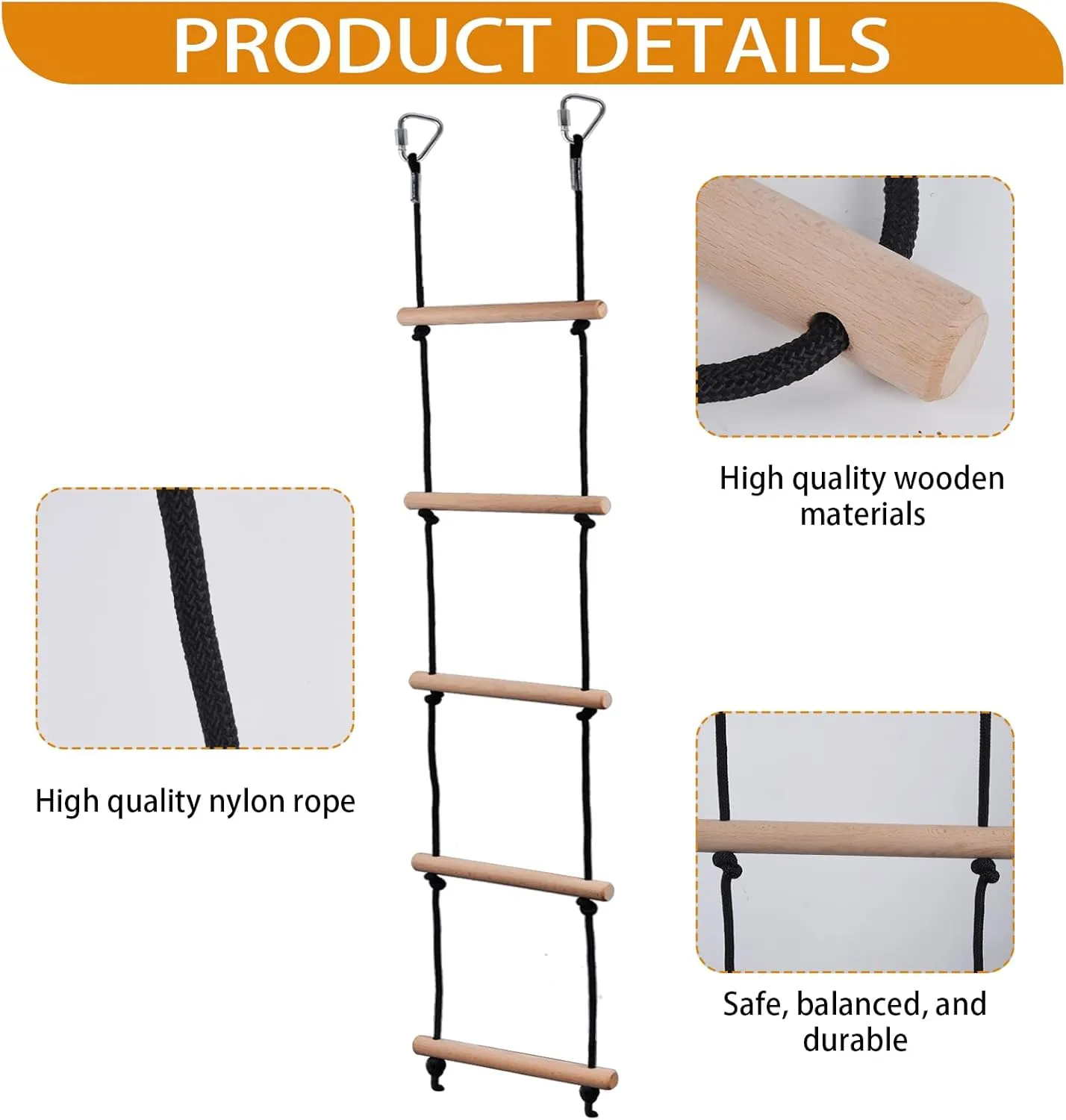 Swing Rope Ladder, Hanging Rope Ladders, Ninja Warrior Obstacle Course Accessories, Kids Climbing Game Hanging Ladder for Swing Accessories (2 Hooks)