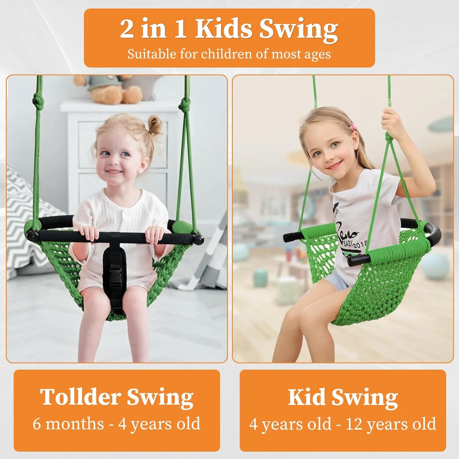 Swing Seats for Kids, Baby, Hand-Made Net Swing with Adjustable Rope, Suitable for Indoor, Outdoor, Backyard, Tree (Green)