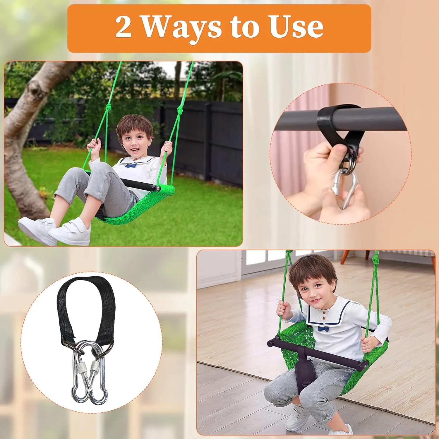 Swing Seats for Kids, Baby, Hand-Made Net Swing with Adjustable Rope, Suitable for Indoor, Outdoor, Backyard, Tree (Green)