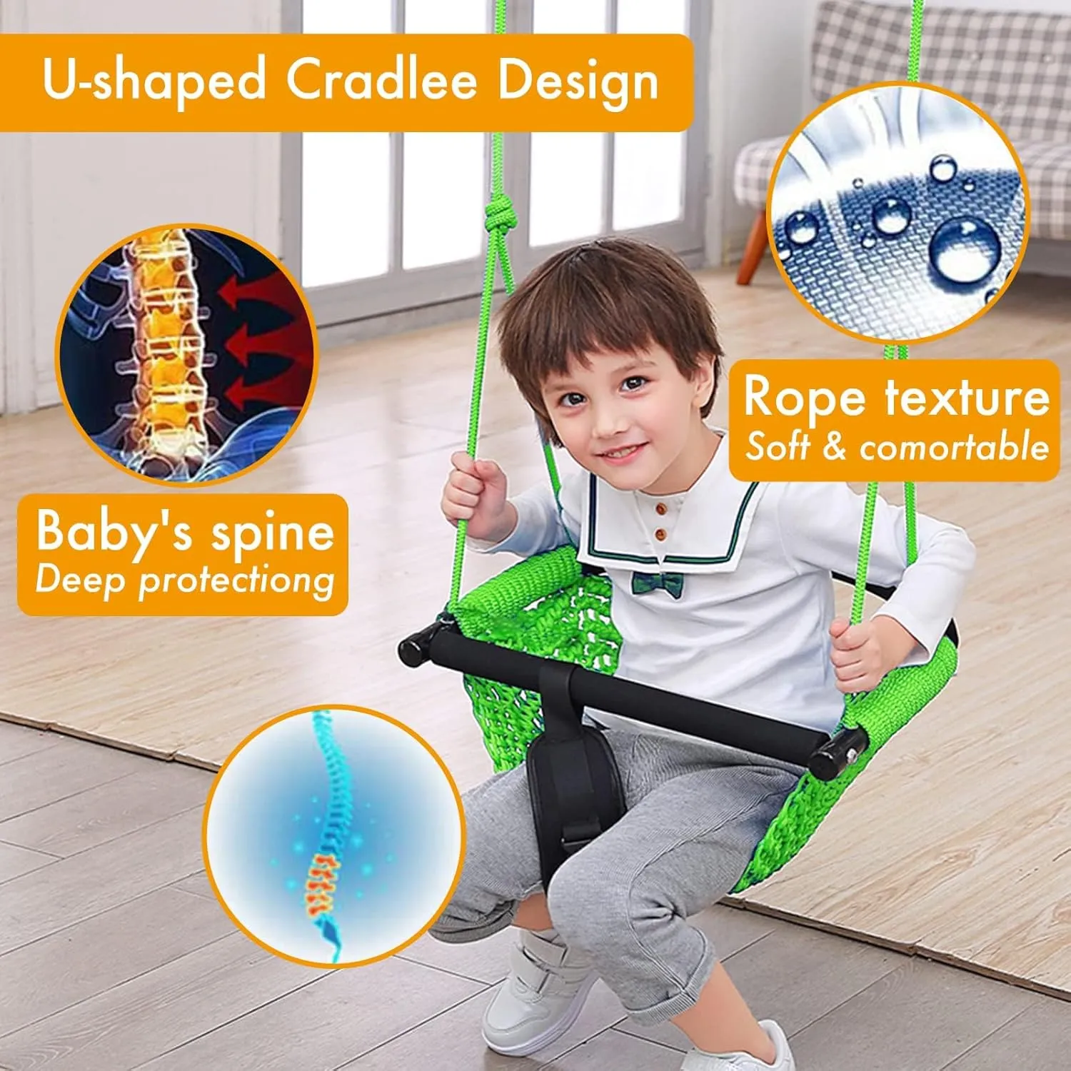 Swing Seats for Kids, Baby, Hand-Made Net Swing with Adjustable Rope, Suitable for Indoor, Outdoor, Backyard, Tree (Green)