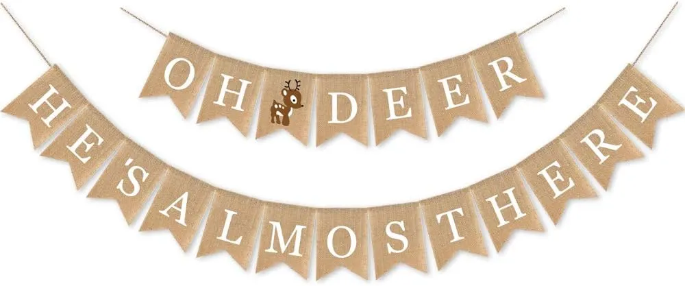 SWYOUN Burlap Oh Deer He's Almost Here Banner Mantel Fireplace Supplies Boy Woodland Baby Shower Garland Decorations