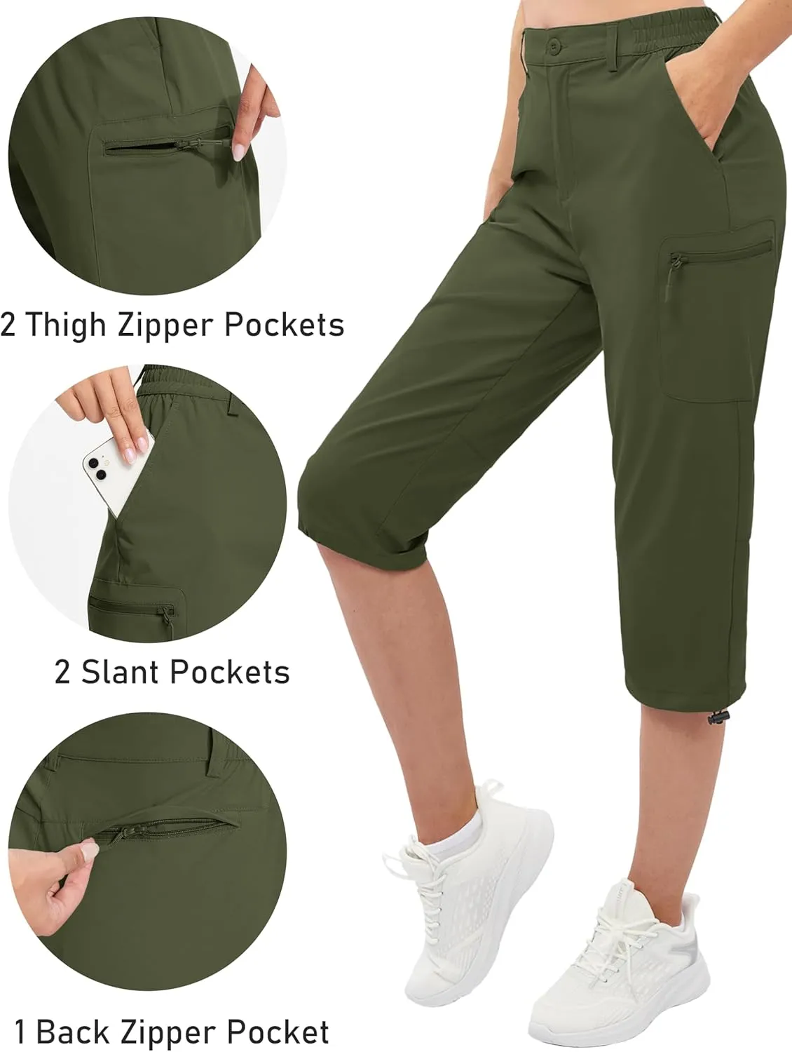 TACVASEN Women's Cargo Capris Hiking Pants Lightweight Quick Dry Travel Long Shorts Golf Casual Summer Zipper Pockets