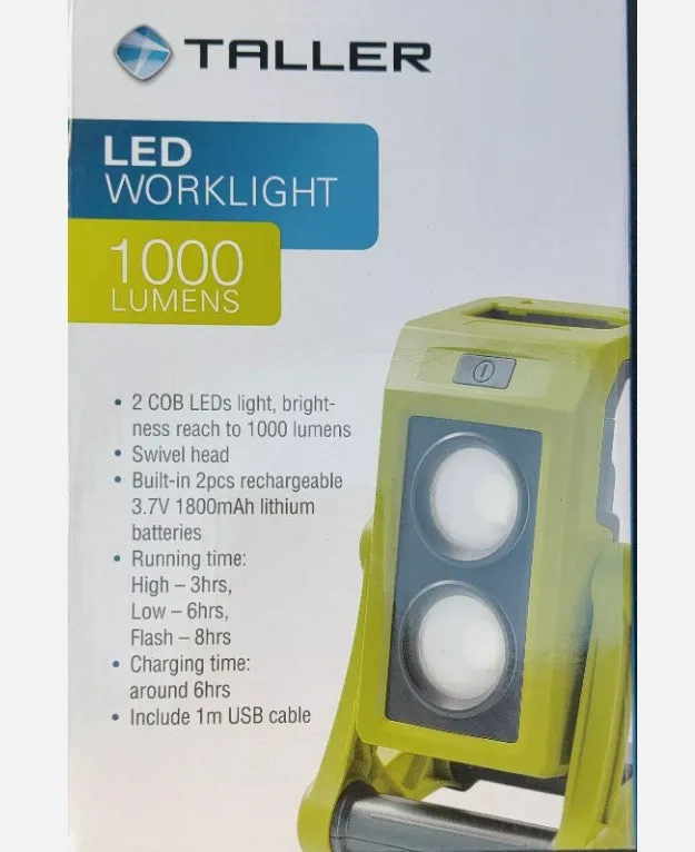 Taller Rechargeable LED Work Light Torch 1000 Lumens Bright Adj. Stand 6Hr