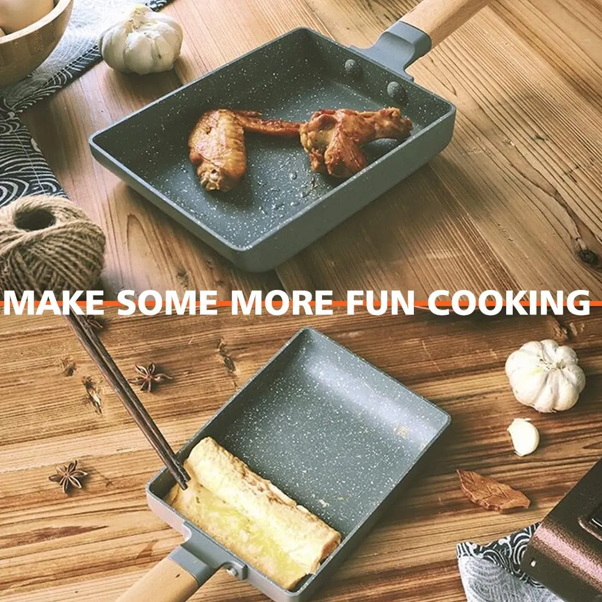 Tamagoyaki Square Japanese Omelette Pan, Non-stick Egg Roll Pan with Silicone Brush & Solid Wood Spatula, Grey