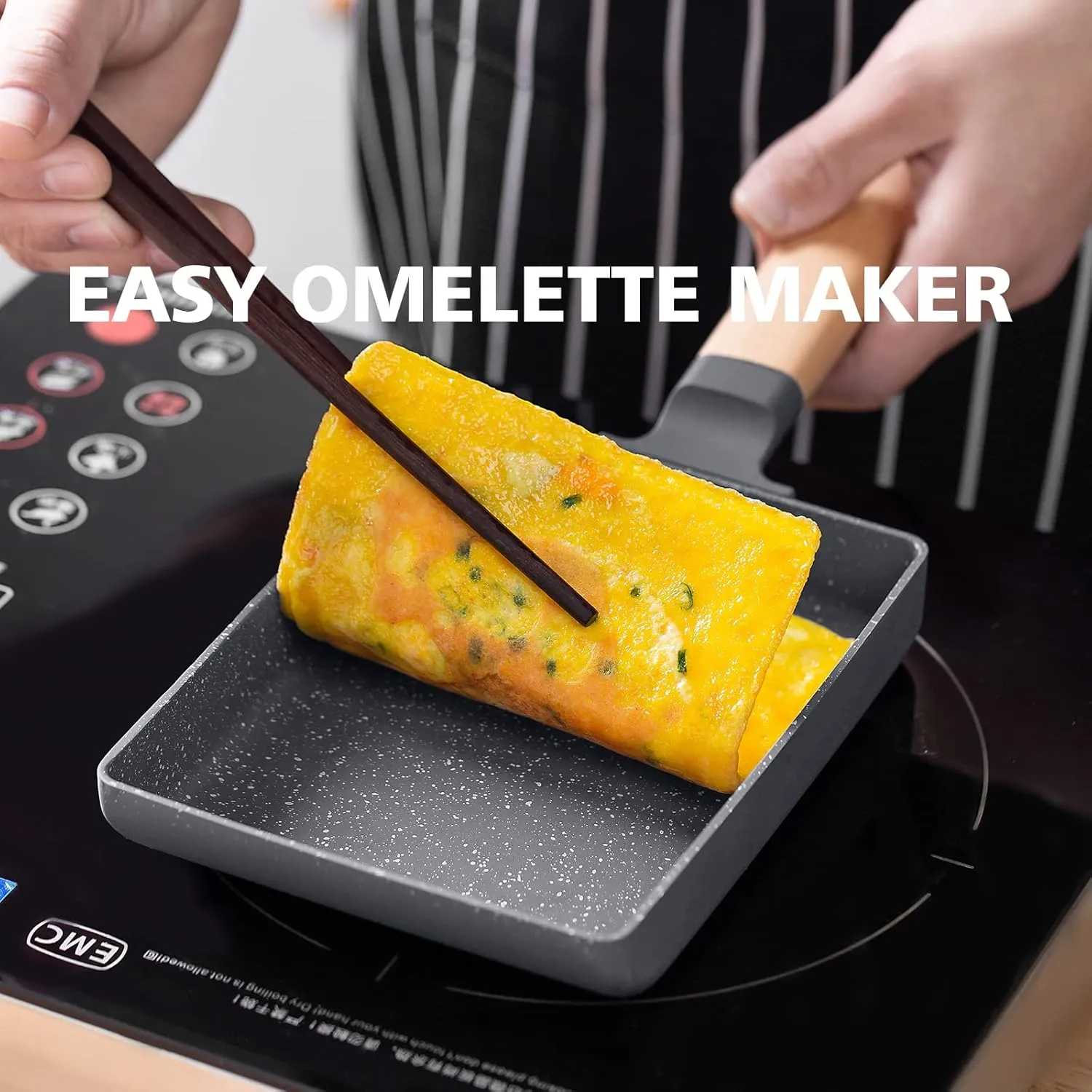 Tamagoyaki Square Japanese Omelette Pan, Non-stick Egg Roll Pan with Silicone Brush & Solid Wood Spatula, Grey
