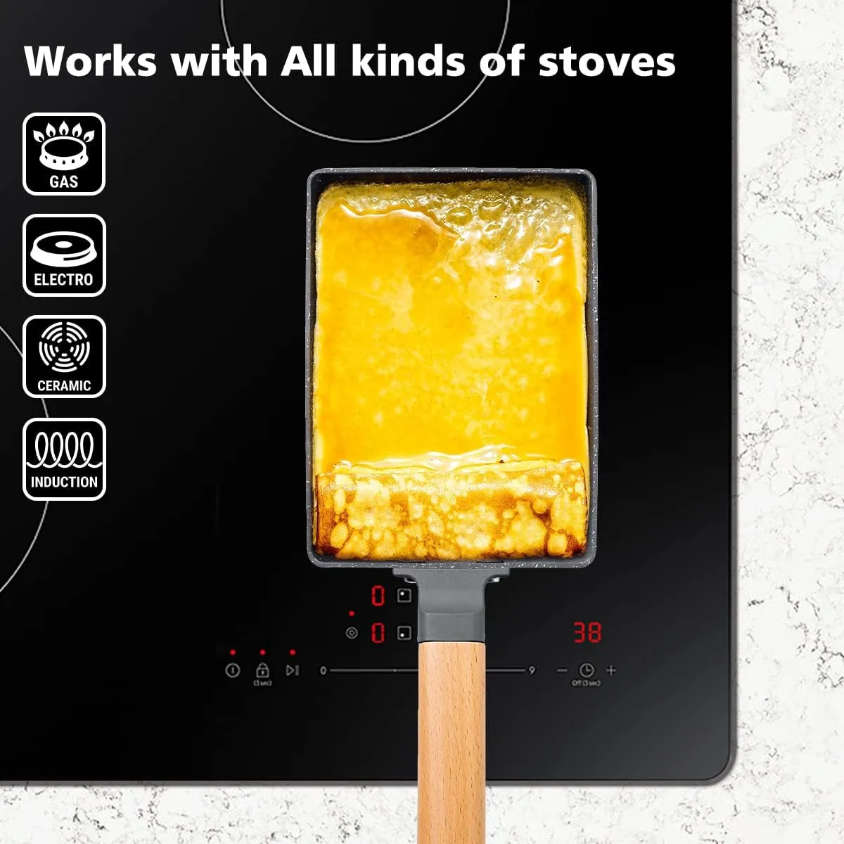 Tamagoyaki Square Japanese Omelette Pan, Non-stick Egg Roll Pan with Silicone Brush & Solid Wood Spatula, Grey