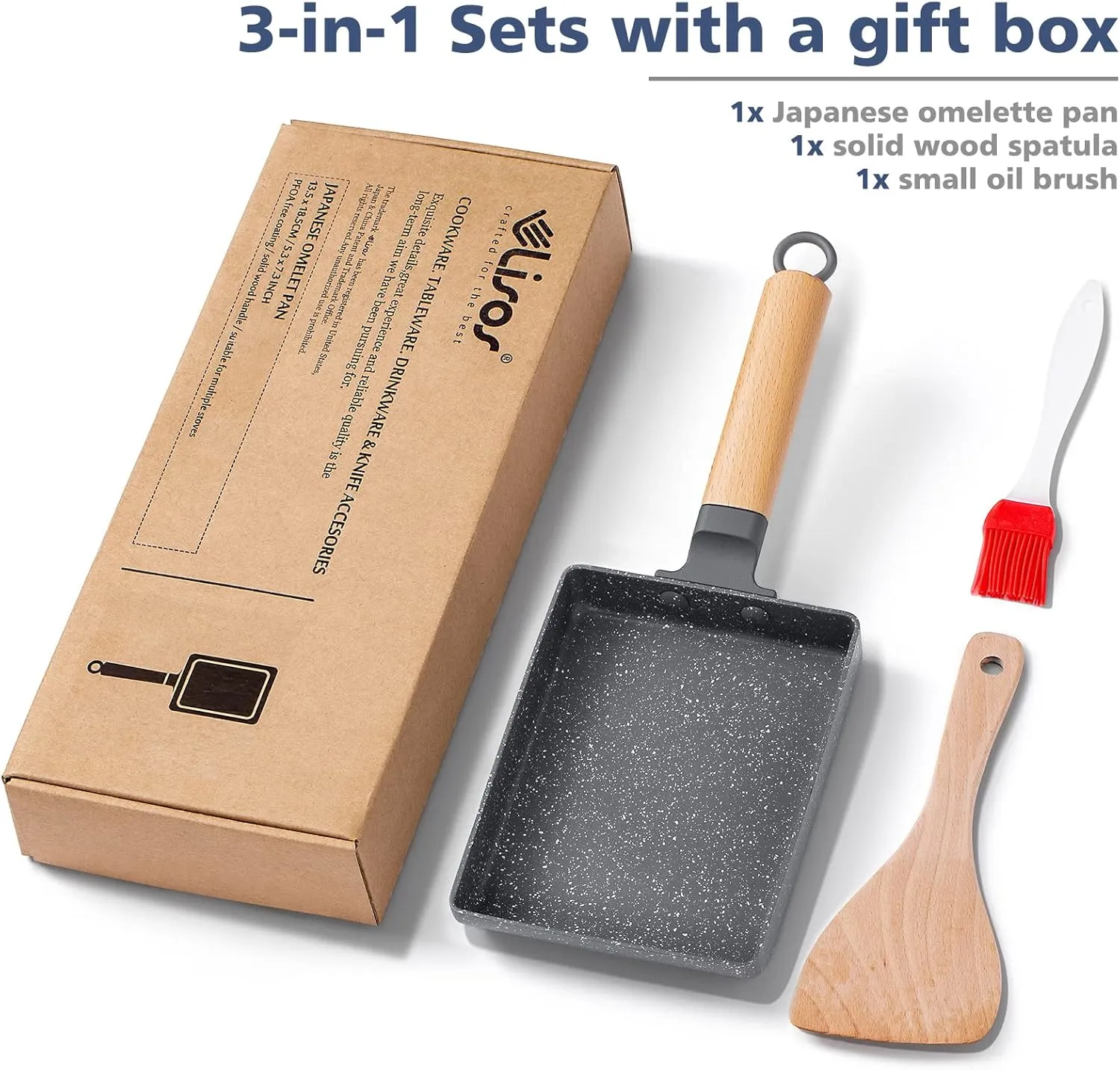 Tamagoyaki Square Japanese Omelette Pan, Non-stick Egg Roll Pan with Silicone Brush & Solid Wood Spatula, Grey