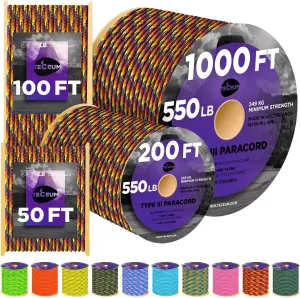TECEUM Heavy Duty Rope 1000 – 1000ft / 200ft / 100ft / 50ft – 40  Colors – Utility Rope for Survival & Camping Gear – Nylon String, Camping Rope, para Cord, Utility Nylon Rope, Tent Cord