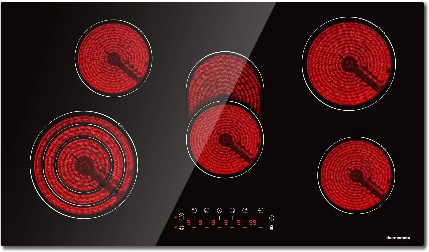 ThermoMate 36 Inch Electric Cooktop 5 Burners, 36" Built in Radiant Electric Stove Top, 8500W Ceramic Cooktop with Touch Control, 9 Heating Level, Chlid Lock & Timer, 220-240V Hard Wire ETL Listed
