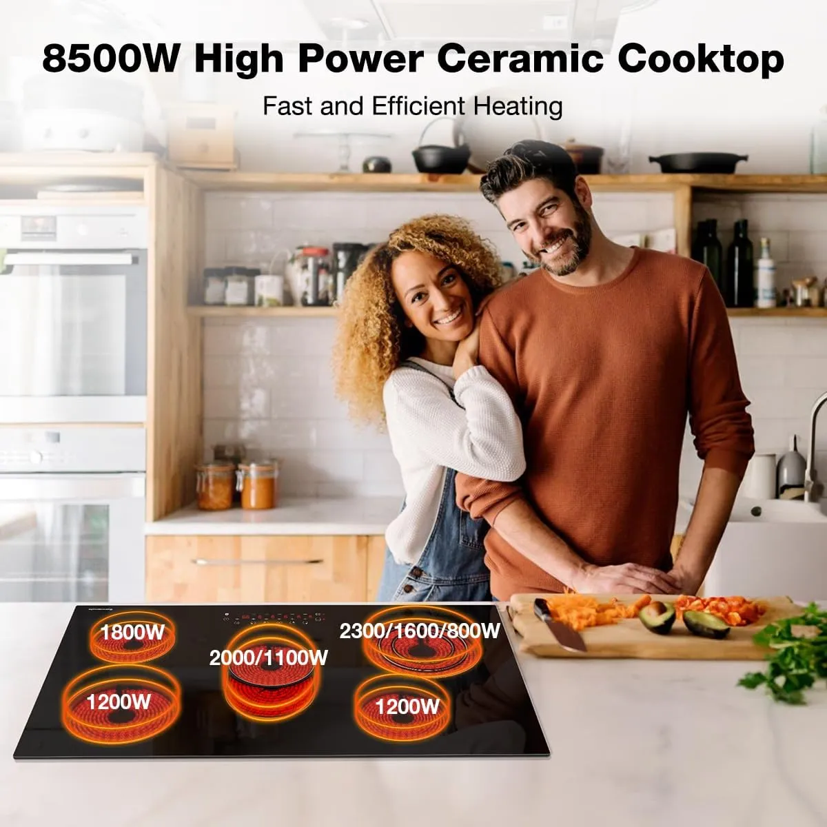 ThermoMate 36 Inch Electric Cooktop 5 Burners, 36" Built in Radiant Electric Stove Top, 8500W Ceramic Cooktop with Touch Control, 9 Heating Level, Chlid Lock & Timer, 220-240V Hard Wire ETL Listed