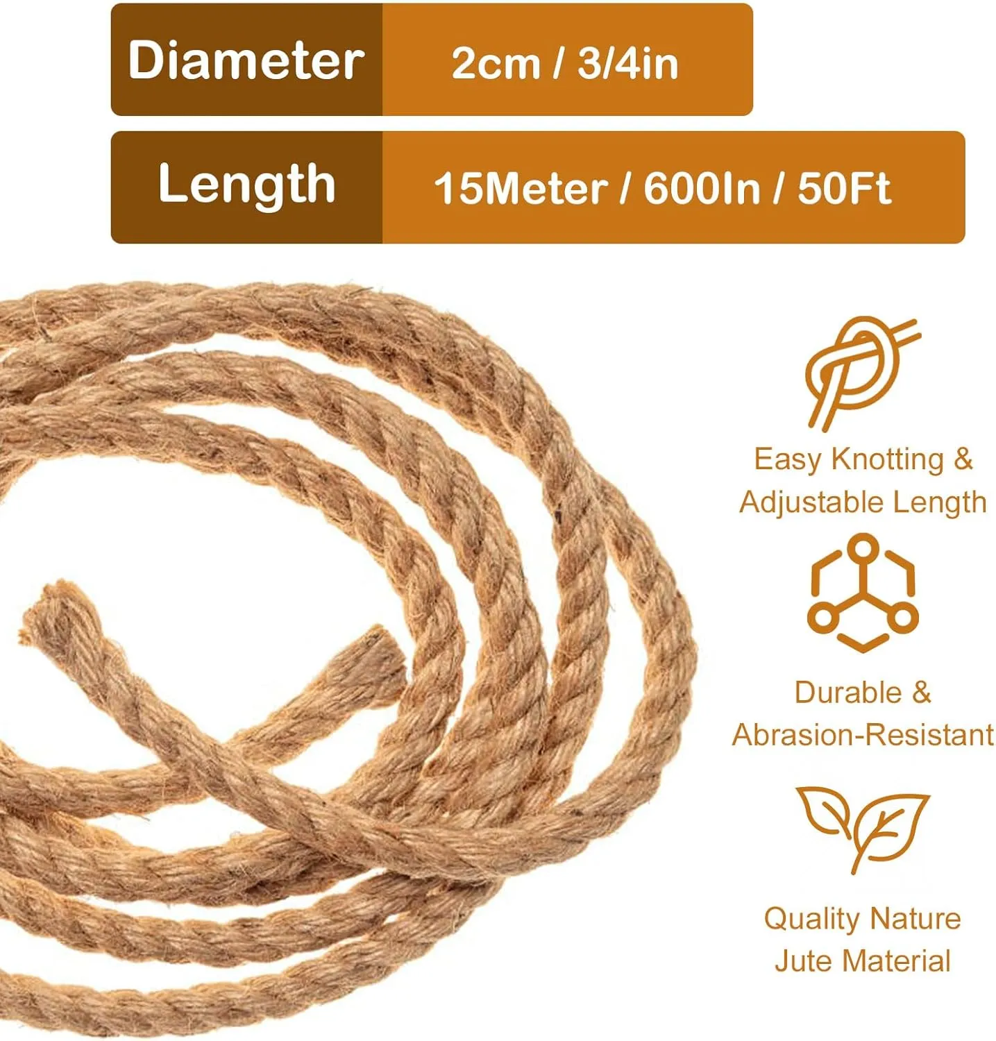 Thick Twisted Manila Ropes 3/4inchx50ft Natural Jute Rope Heavy Duty Hemp Rope for Swing Bed, Crafts, Railing, Tug of War, Landscaping, Gardening, Bundling, Hammock, Home Decorating
