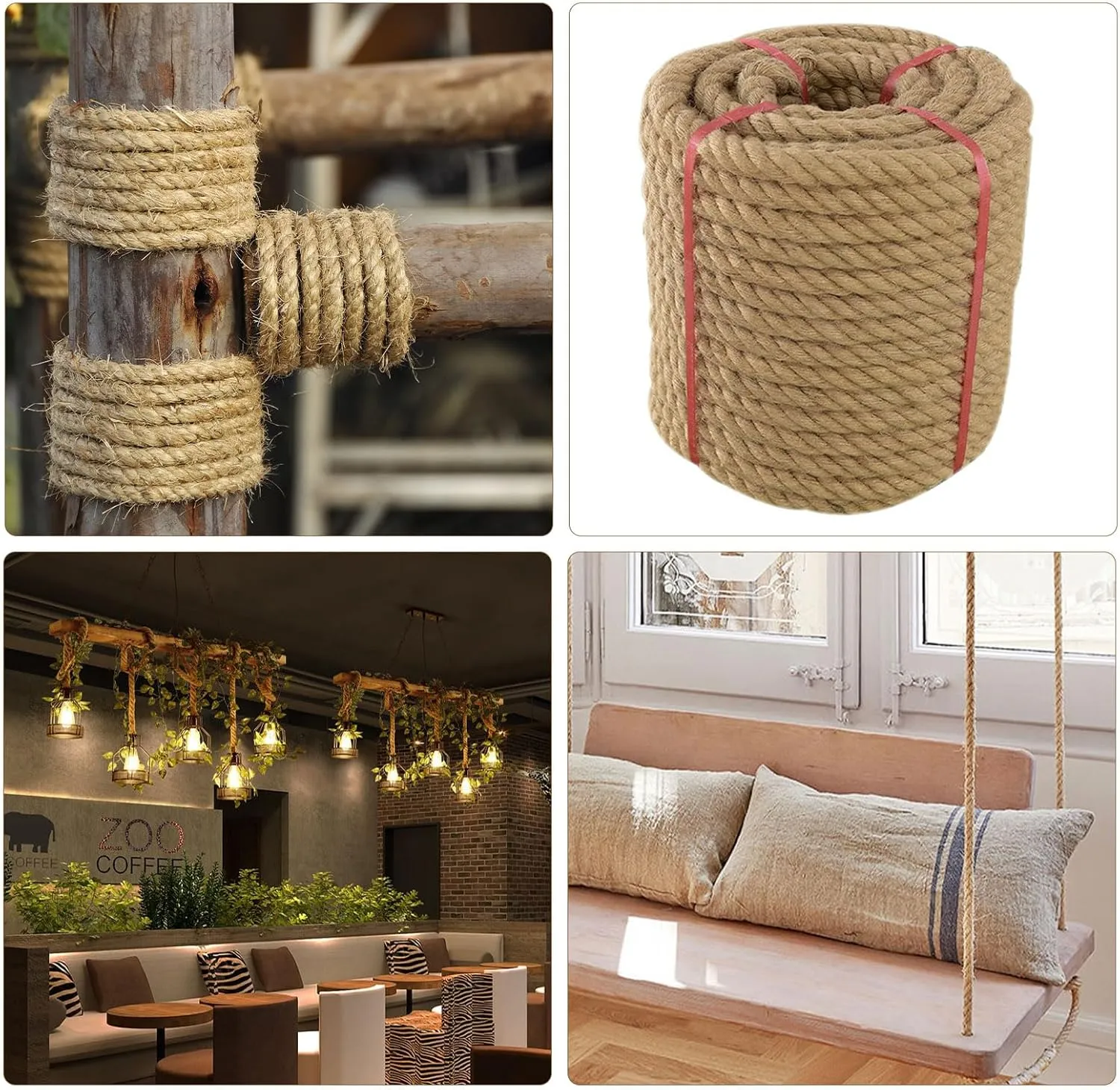 Thick Twisted Manila Ropes 3/4inchx50ft Natural Jute Rope Heavy Duty Hemp Rope for Swing Bed, Crafts, Railing, Tug of War, Landscaping, Gardening, Bundling, Hammock, Home Decorating