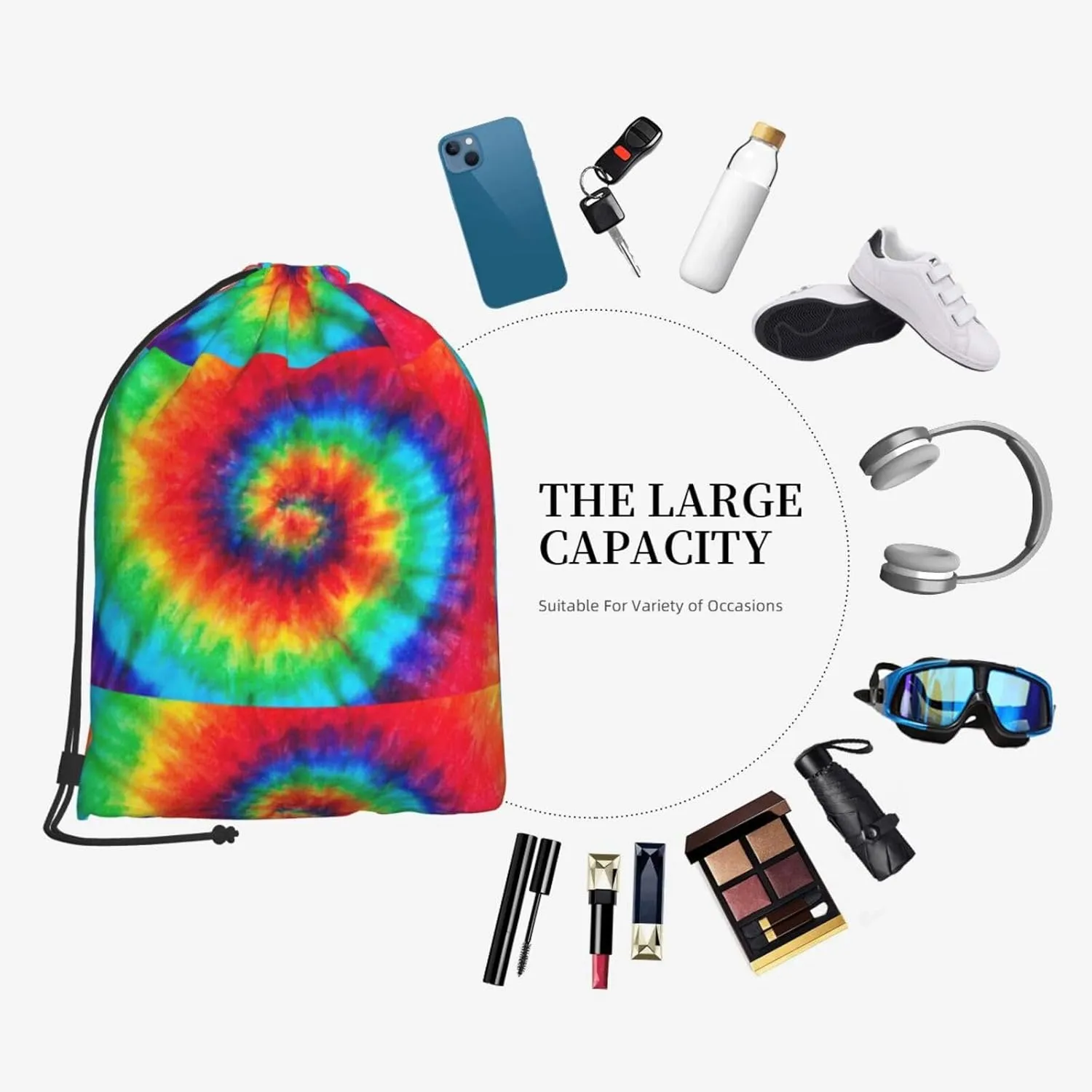 Tie Dye Rainbow Drawstring Cinch Backpack Polyester Sack Pack String Bag For Hiking Camping Adventure