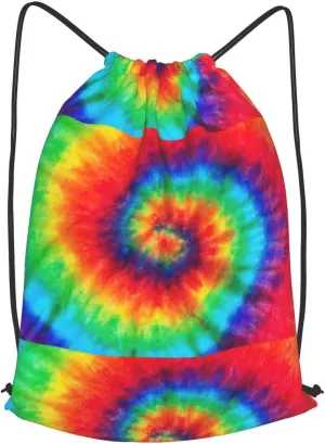 Tie Dye Rainbow Drawstring Cinch Backpack Polyester Sack Pack String Bag For Hiking Camping Adventure