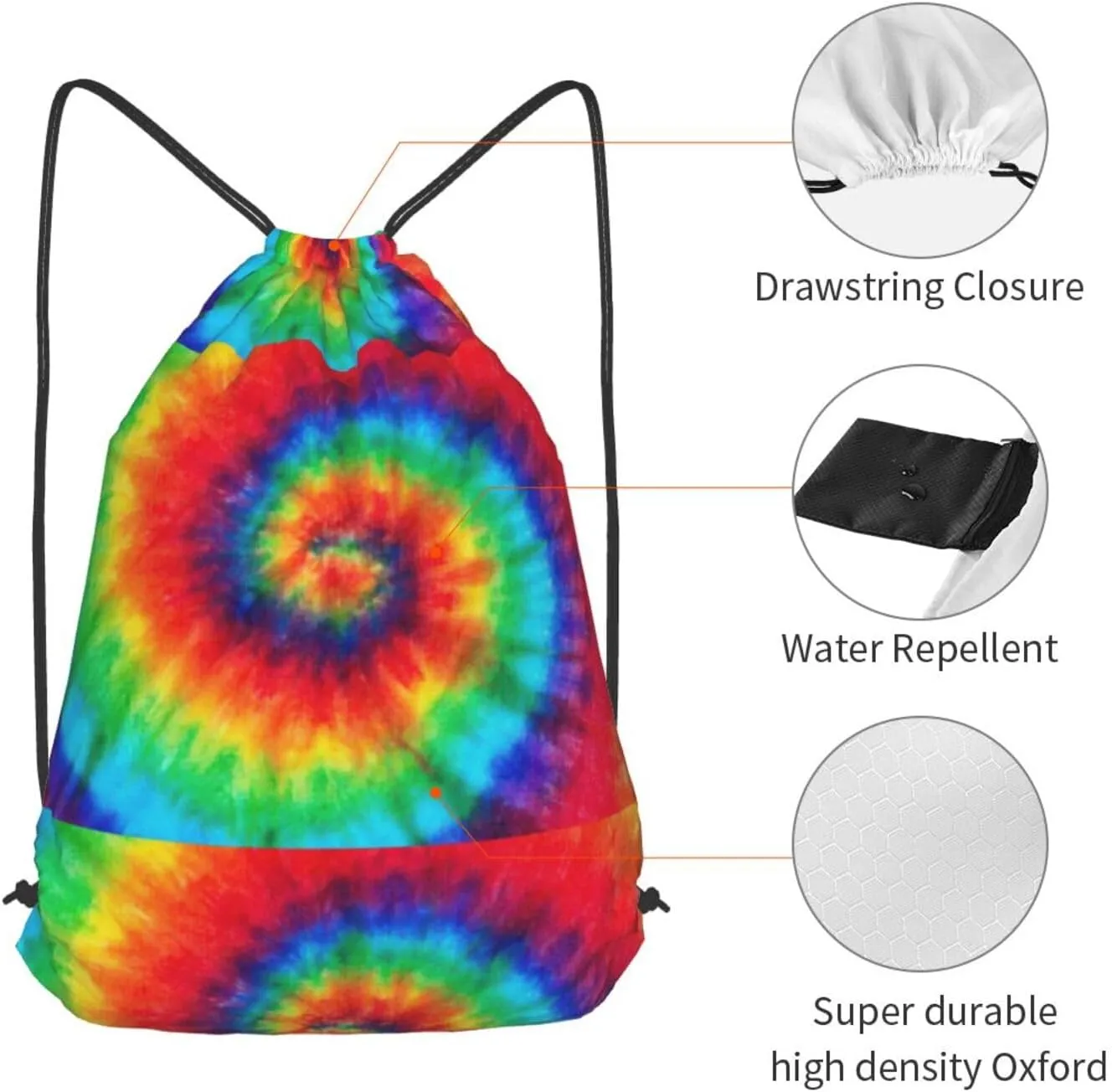 Tie Dye Rainbow Drawstring Cinch Backpack Polyester Sack Pack String Bag For Hiking Camping Adventure