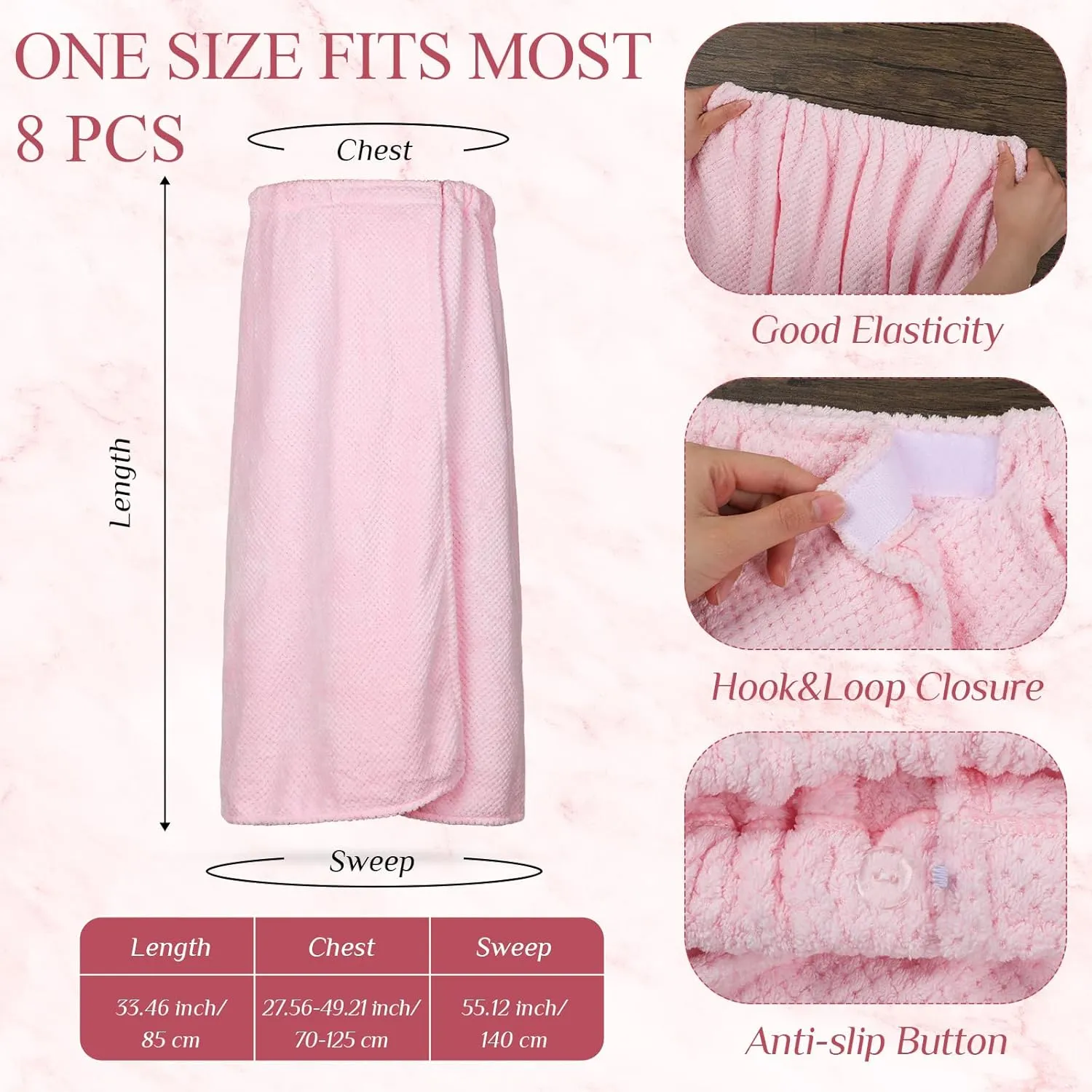 Tigeen 8 Pcs Women's Spa Wraps Lightweight Spa Robes with Adjustable Closure and Elastic Top(Medium,Pink)