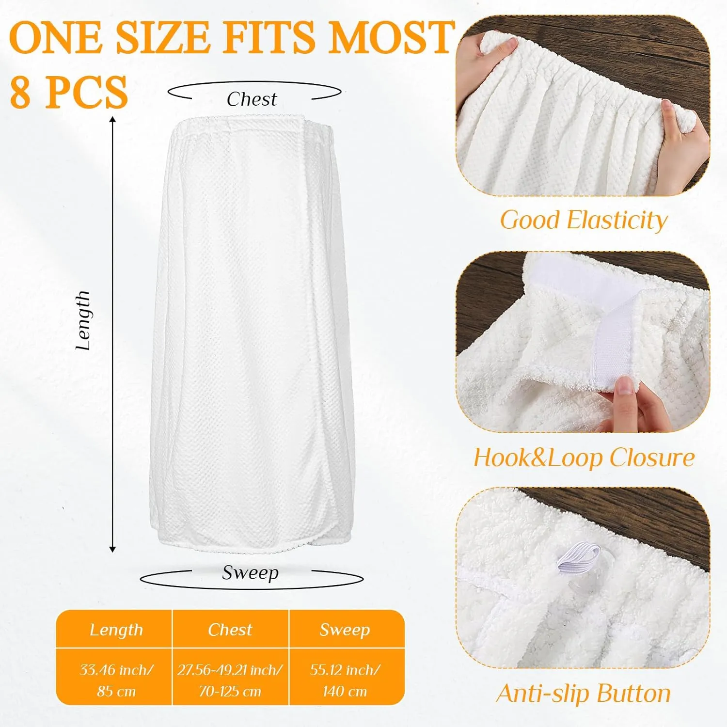 Tigeen 8 Pcs Women's Spa Wraps Lightweight Spa Robes with Adjustable Closure and Elastic Top(Medium,White)