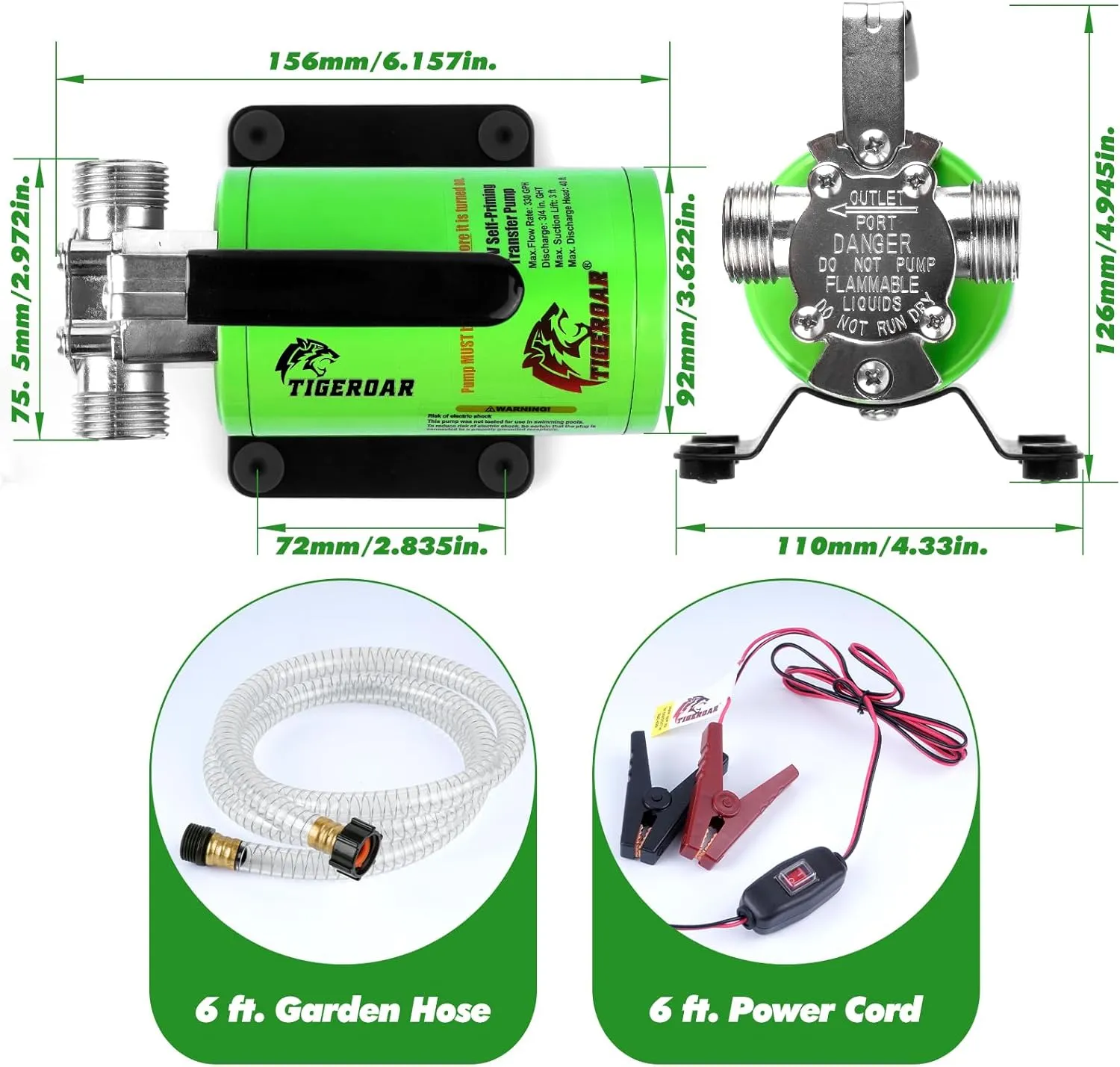 TIGEROAR 12V Water Transfer Pump 330 GPH RV Utility Rain Pond With 6 ft. Suction Hose and Replacement Kit for Water Transferring Green