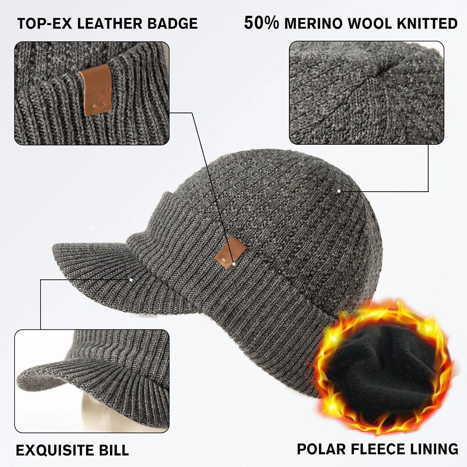 TOP-EX L/XL/XXL 50% Merino Wool Waterproof All Weather Brim Beanie Fleece Lined Unisex