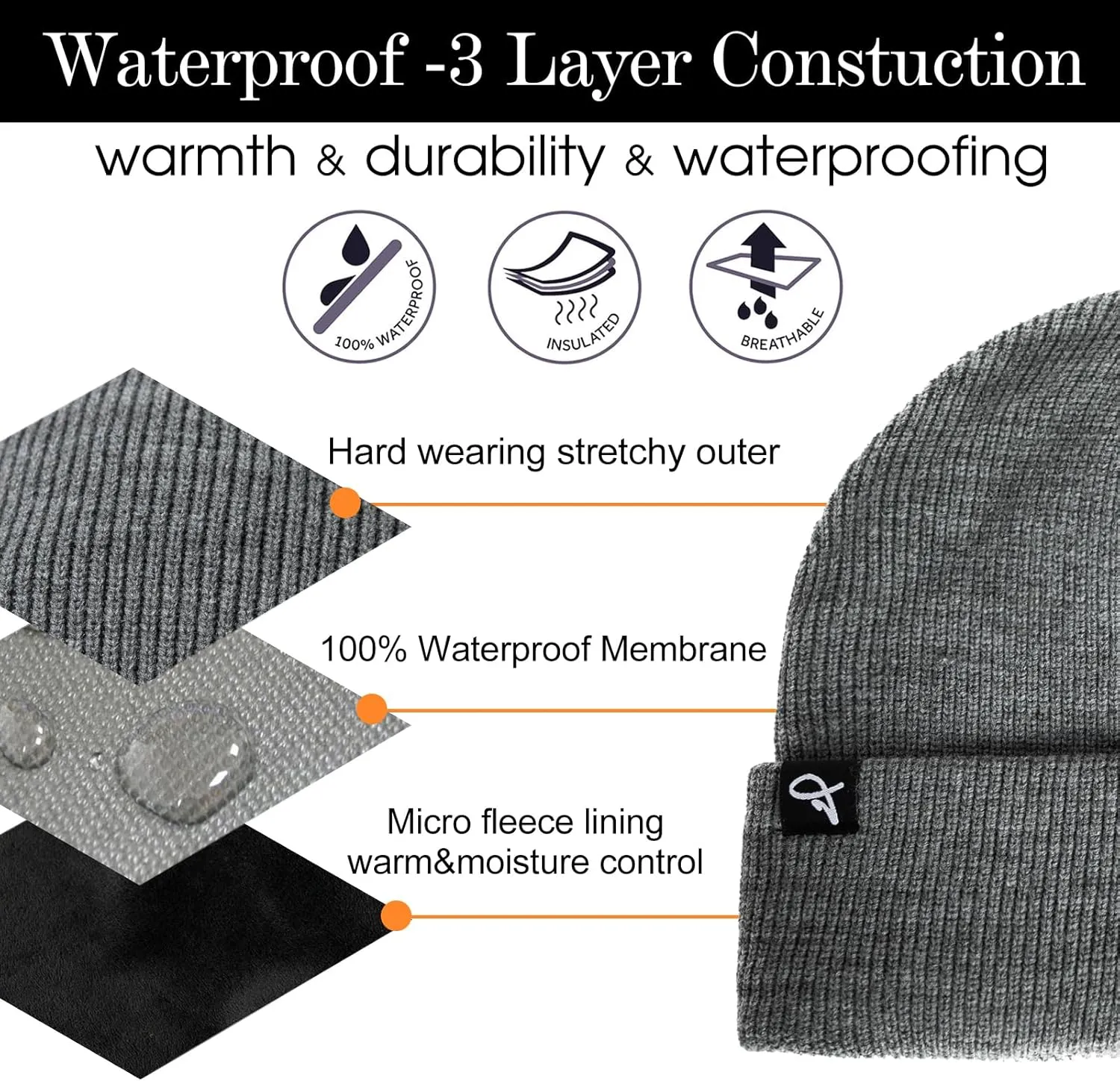 TOP-EX L/XL/XXL Waterproof Beanie Fleece Lined Hat for All-Weather Winter Warm