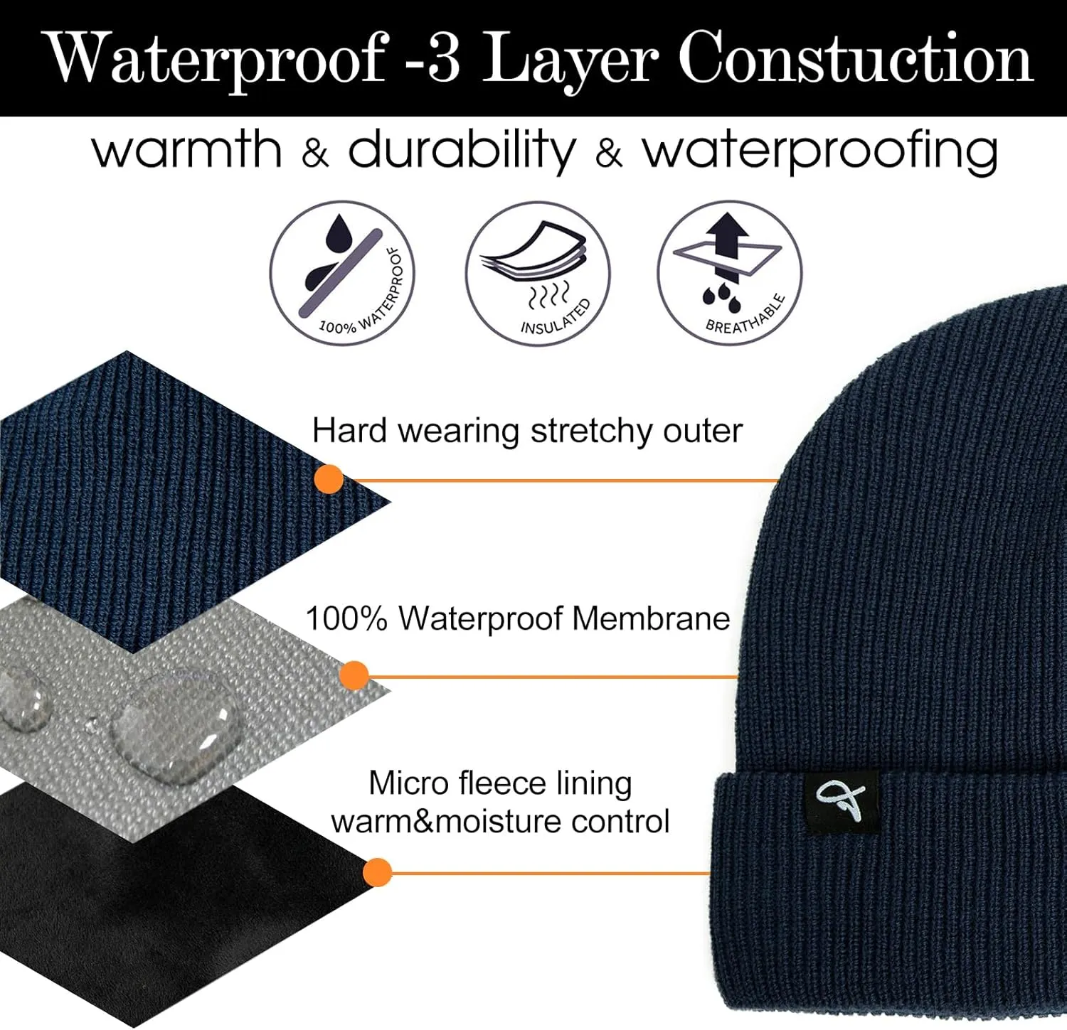 TOP-EX L/XL/XXL Waterproof Beanie Fleece Lined Hat for All-Weather Winter Warm