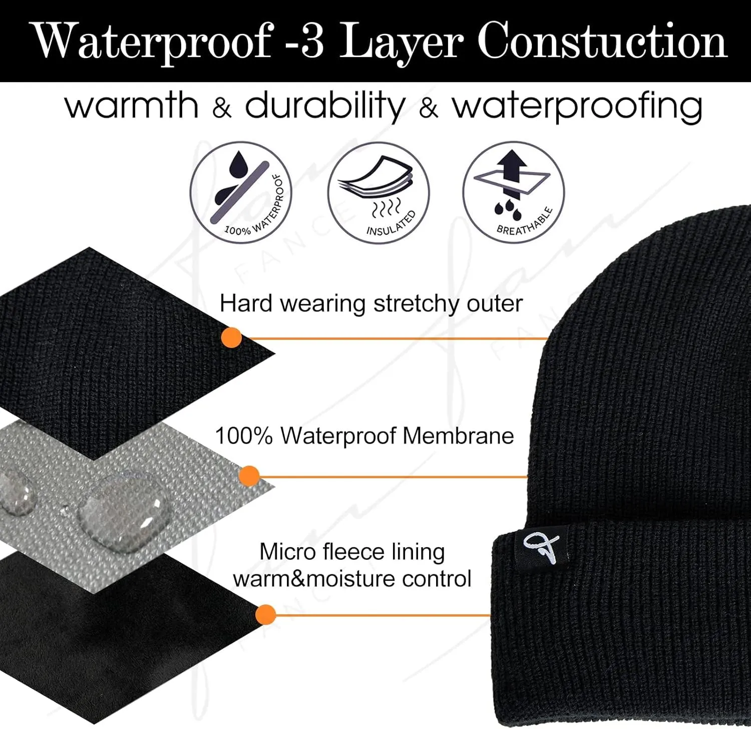 TOP-EX L/XL/XXL Waterproof Beanie Fleece Lined Hat for All-Weather Winter Warm