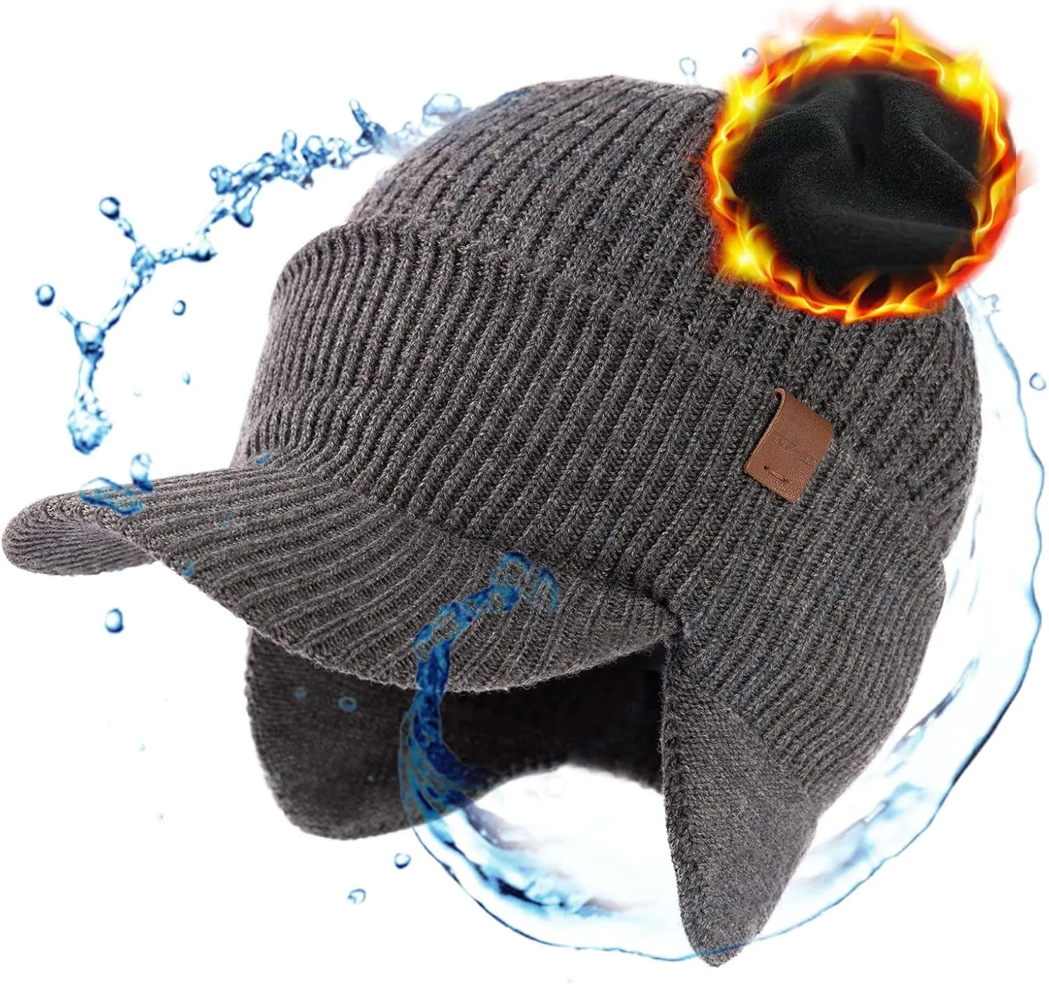 TOP-EX XL/XXL 50% Merino Wool Brim Beanie with Ear Flaps Fleece Lined for All Weather Waterproof