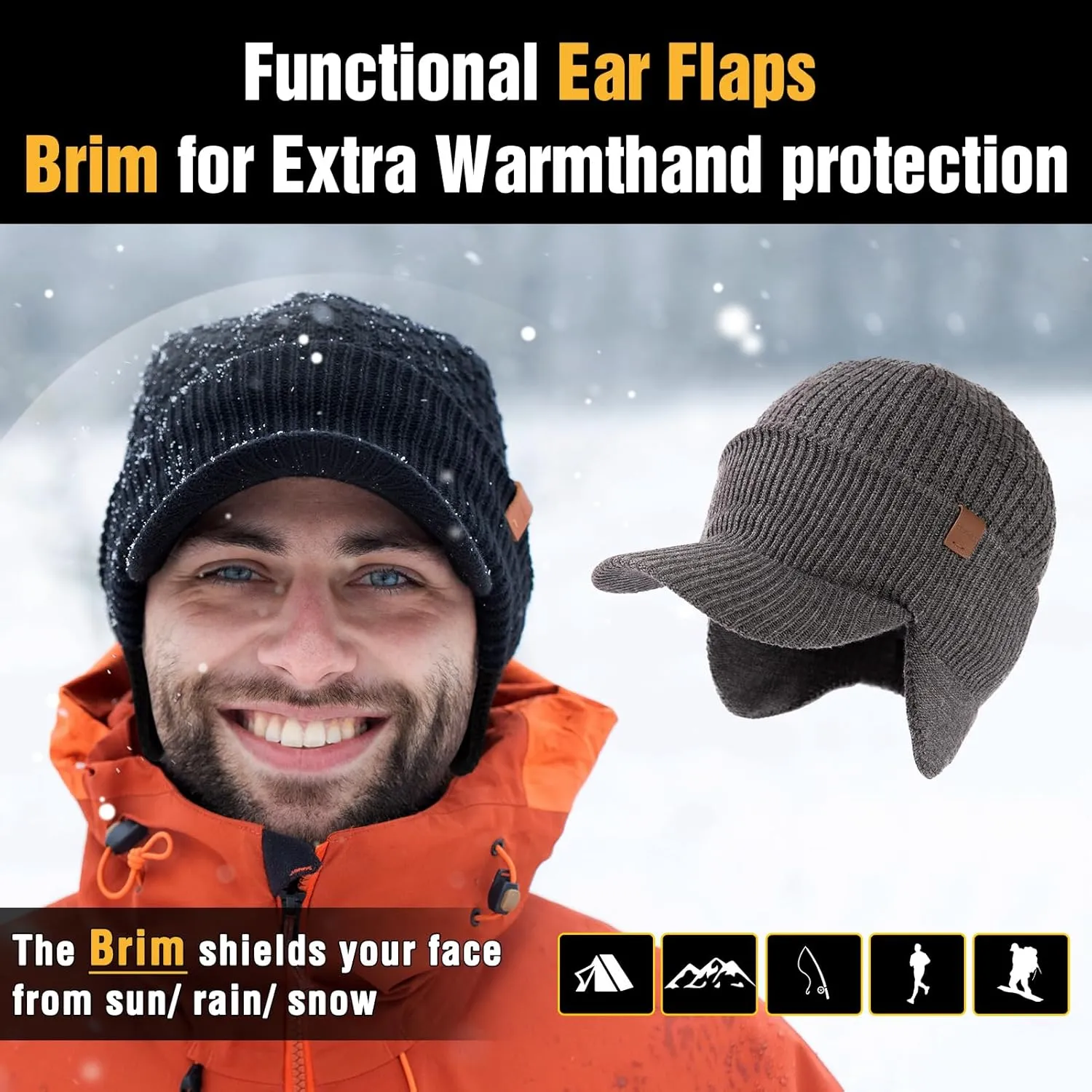 TOP-EX XL/XXL 50% Merino Wool Brim Beanie with Ear Flaps Fleece Lined for All Weather Waterproof