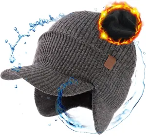 TOP-EX XL/XXL 50% Merino Wool Brim Beanie with Ear Flaps Fleece Lined for All Weather Waterproof