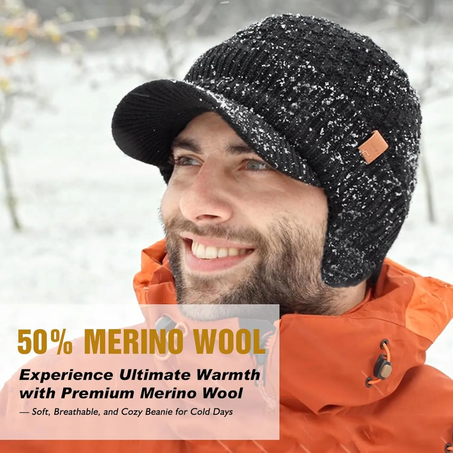 TOP-EX XL/XXL 50% Merino Wool Brim Beanie with Ear Flaps Fleece Lined for All Weather Waterproof