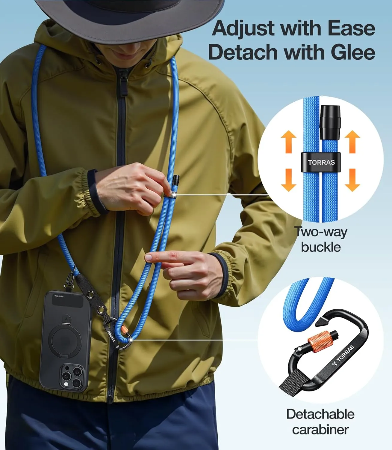 TORRAS Phone Lanyard with Hanging Loops, Durable Carabiner, Adjustable Anti Theft Phone Strap Crossbody, Skin-Friendly, 2 Tabs, Universal Cell Phone Neck Lanyard for Daily & Outdoor Activities, Blue