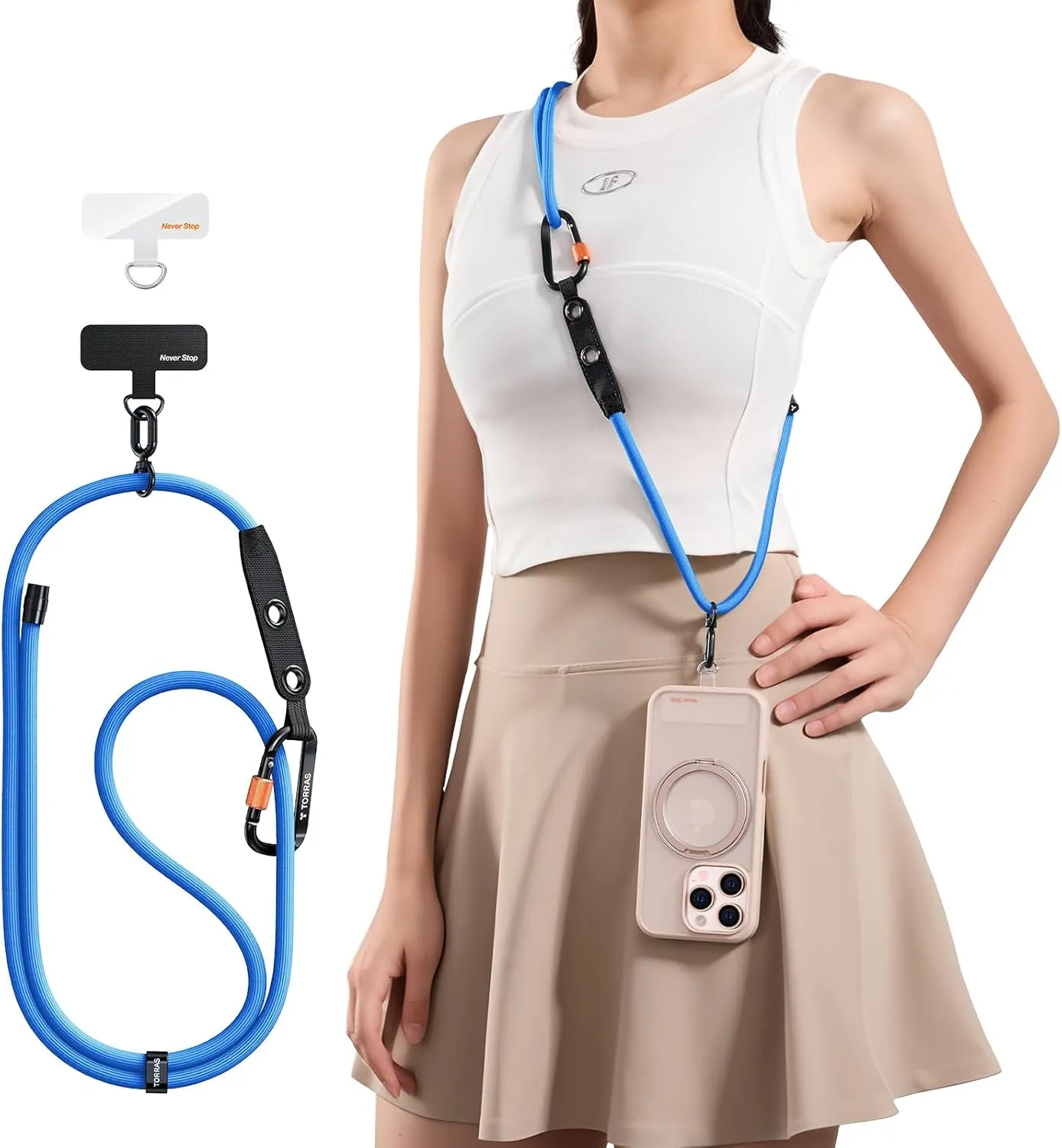 TORRAS Phone Lanyard with Hanging Loops, Durable Carabiner, Adjustable Anti Theft Phone Strap Crossbody, Skin-Friendly, 2 Tabs, Universal Cell Phone Neck Lanyard for Daily & Outdoor Activities, Blue