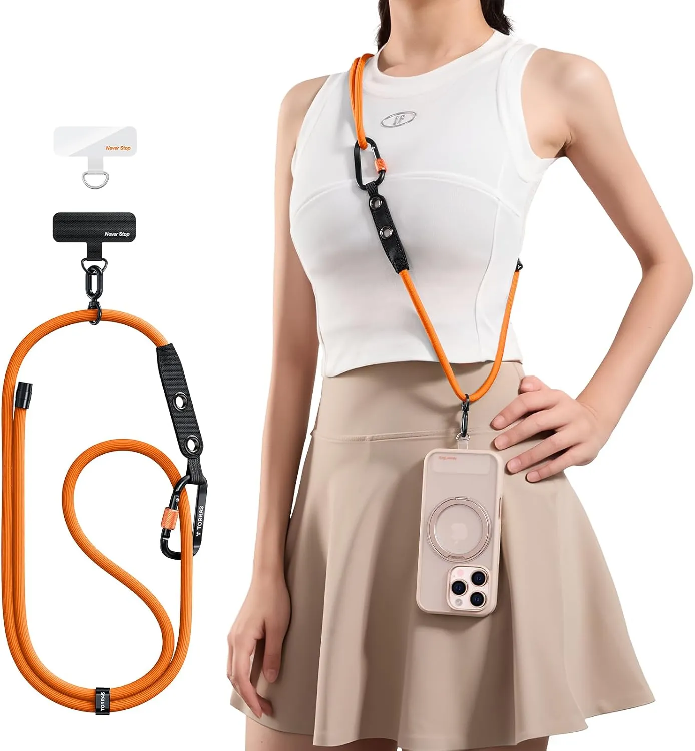 TORRAS Phone Lanyard with Hanging Loops, Durable Carabiner, Adjustable Anti Theft Phone Strap Crossbody, Skin-Friendly, 2 Tabs, Universal Cell Phone Neck Lanyard for Daily & Outdoor Activities, Orange