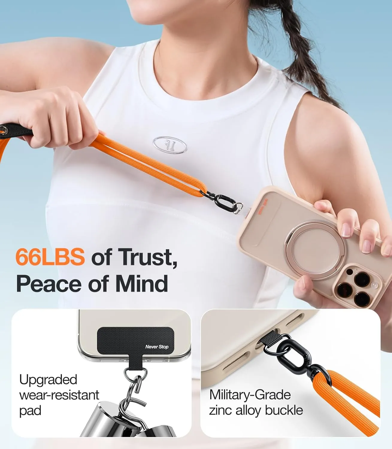 TORRAS Phone Lanyard with Hanging Loops, Durable Carabiner, Adjustable Anti Theft Phone Strap Crossbody, Skin-Friendly, 2 Tabs, Universal Cell Phone Neck Lanyard for Daily & Outdoor Activities, Orange