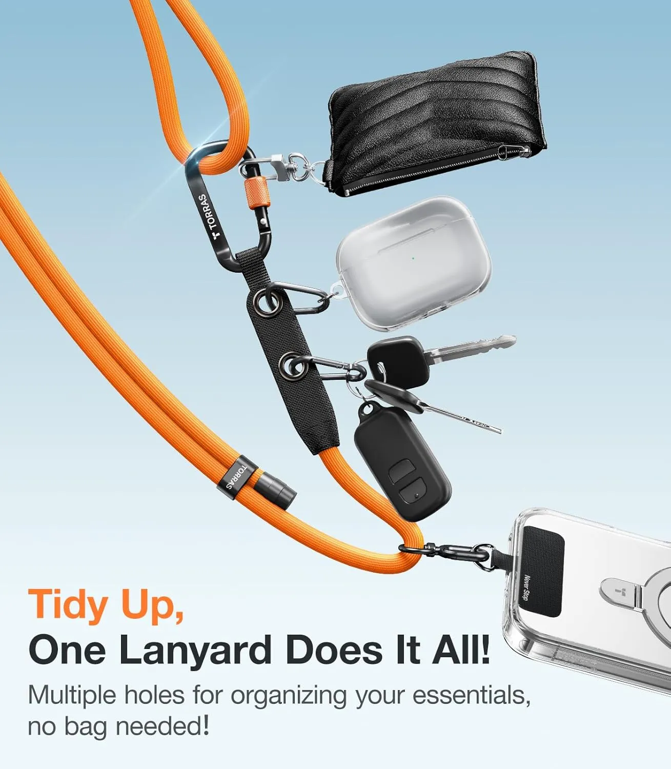 TORRAS Phone Lanyard with Hanging Loops, Durable Carabiner, Adjustable Anti Theft Phone Strap Crossbody, Skin-Friendly, 2 Tabs, Universal Cell Phone Neck Lanyard for Daily & Outdoor Activities, Orange