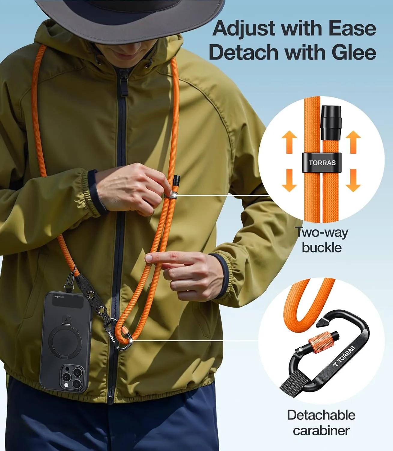 TORRAS Phone Lanyard with Hanging Loops, Durable Carabiner, Adjustable Anti Theft Phone Strap Crossbody, Skin-Friendly, 2 Tabs, Universal Cell Phone Neck Lanyard for Daily & Outdoor Activities, Orange