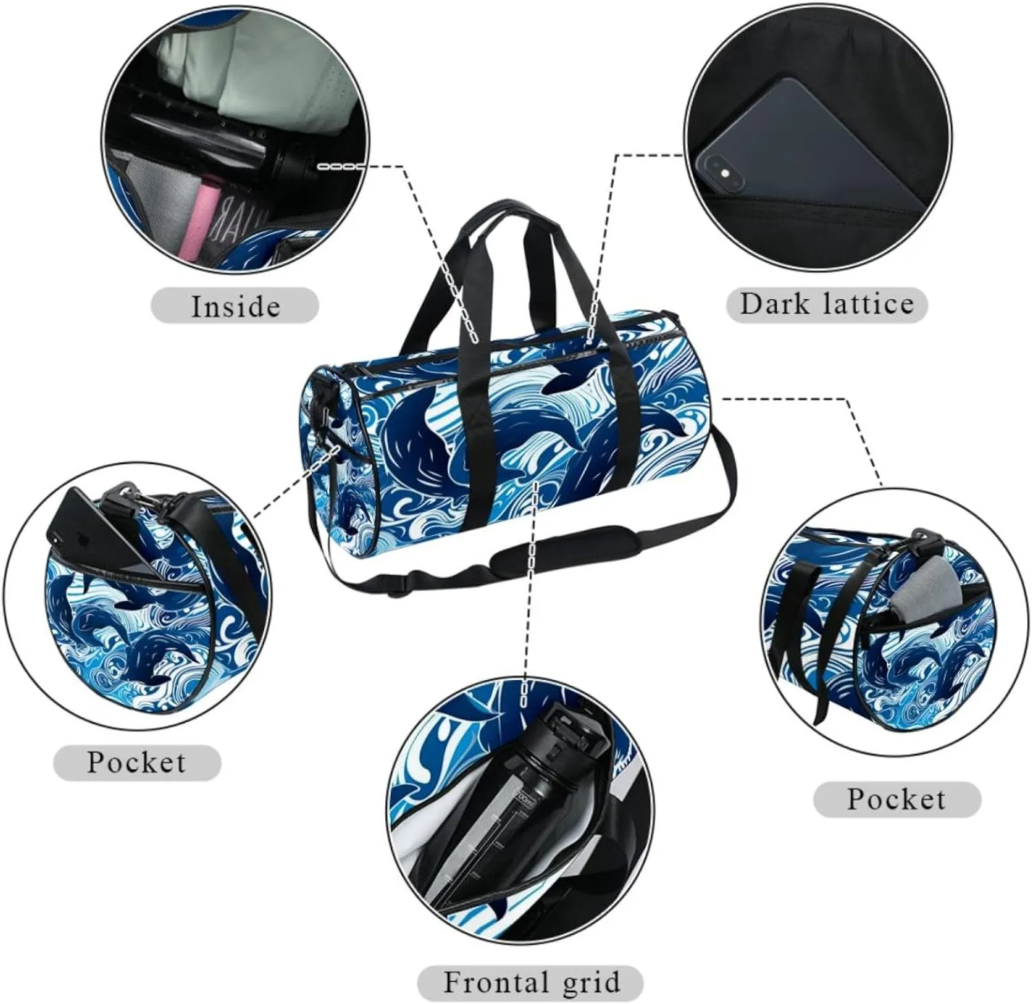 Travel Bag,Mens Gym Bag,Womens Gym Bag,Whales Sea Waves Floral,Sports Bag