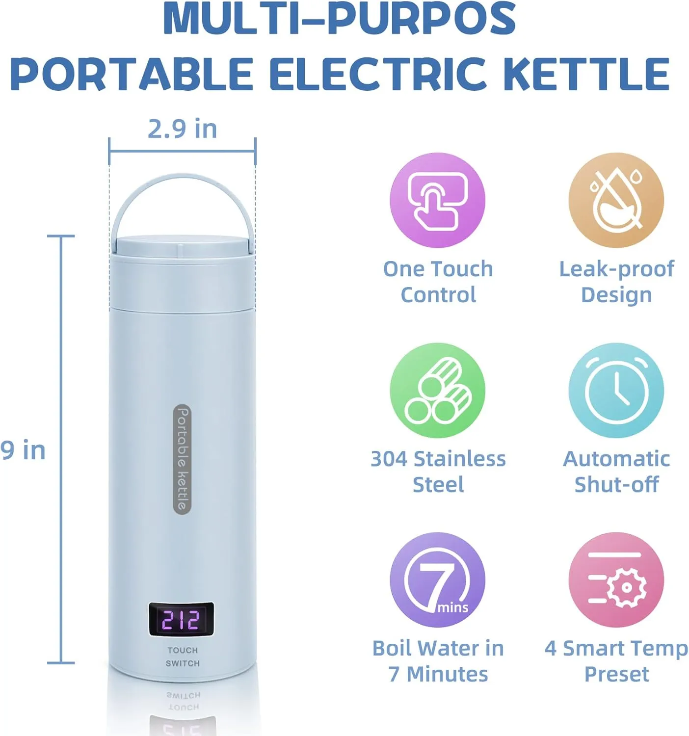 Travel Electric Kettle, ShineMe Portable Mini Electric Kettle with Temperature Control and LCD Display, 350ml Stainless Steel Kettle Water Boiler Fast Boil and Auto Shut off (Blue)