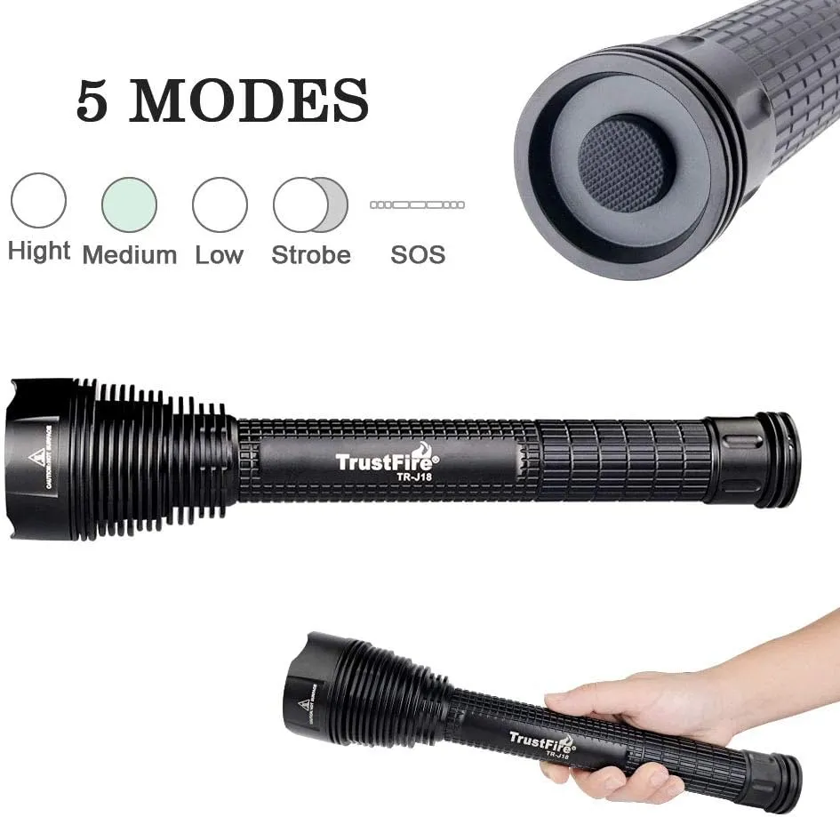 TrustFire LED Flashlight, J18 Super Bright 8000 Lumens, Water Resistant 5 Light Modes Large Tactical Torch by 2X or 3X Rechargeable Battery (Battery Not Included)