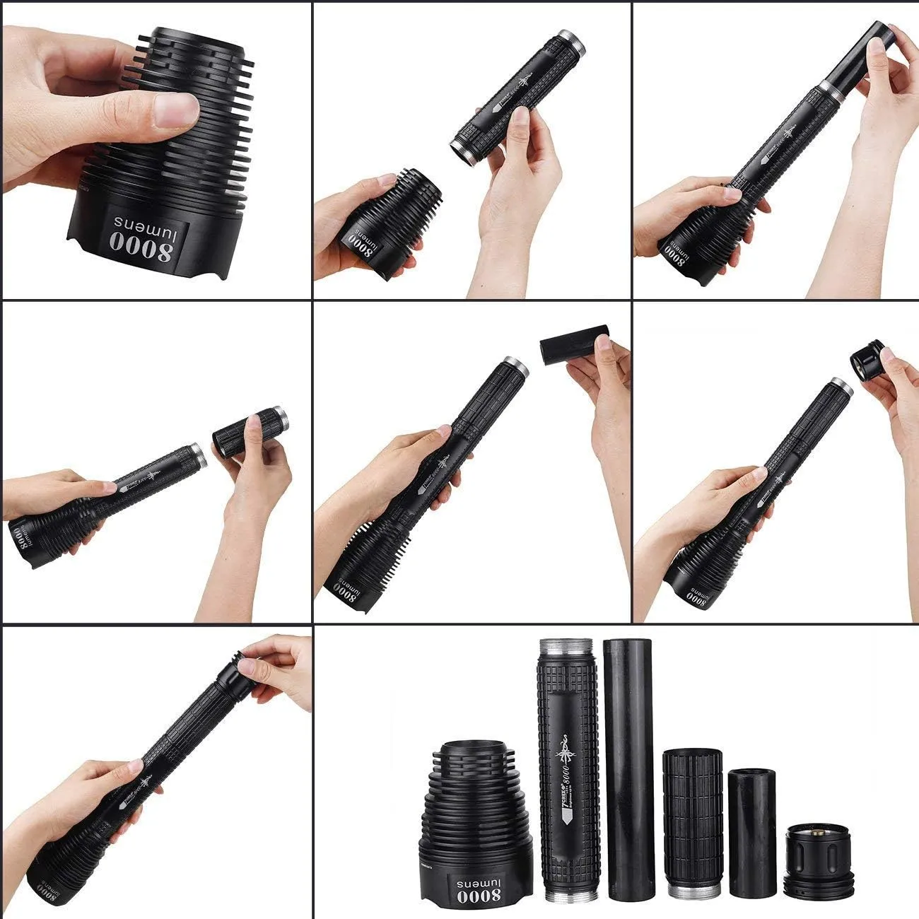TrustFire LED Flashlight, J18 Super Bright 8000 Lumens, Water Resistant 5 Light Modes Large Tactical Torch by 2X or 3X Rechargeable Battery (Battery Not Included)
