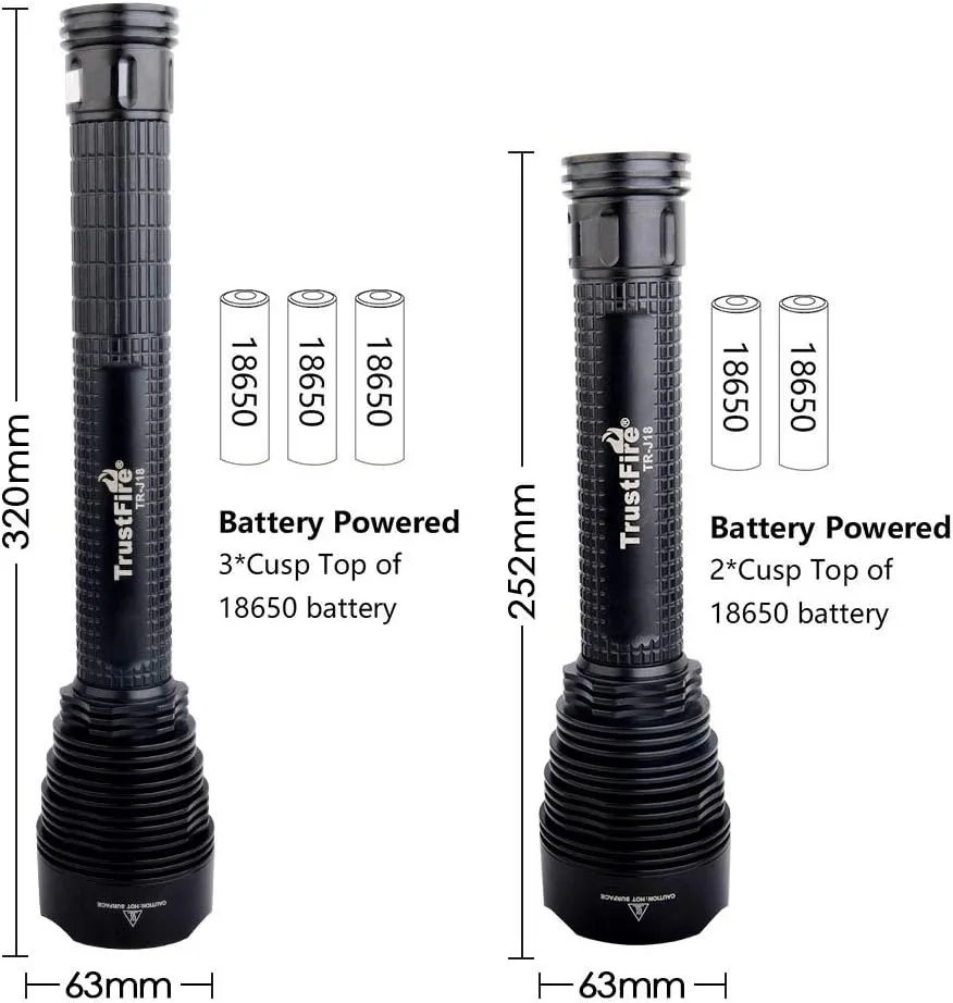 TrustFire LED Flashlight, J18 Super Bright 8000 Lumens, Water Resistant 5 Light Modes Large Tactical Torch by 2X or 3X Rechargeable Battery (Battery Not Included)