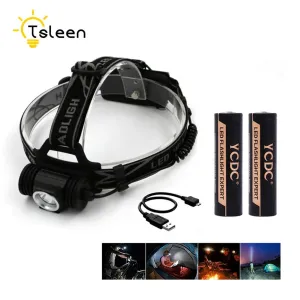 TSLEEN Free Shipping! Waterproof Rechargeable LED Headlamp Camping Flashlight With USB 18650 Battery Head Light Torch Lamp