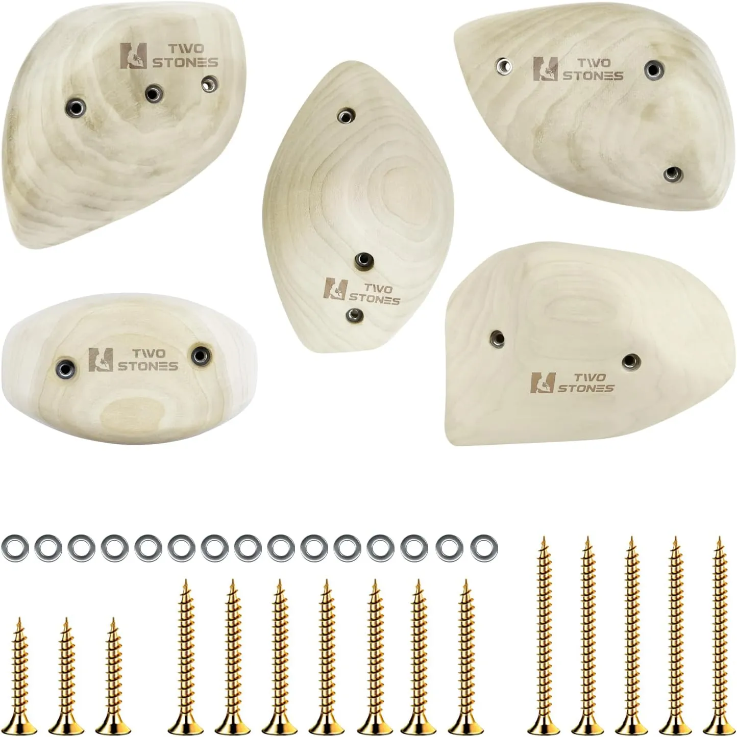 TWO STONES Wooden Rock Climbing Holds for Adults | Wood Rock Wall Climbing Holds for Gyms | Variety Screw On Climbing Hand Holds Set with Mounting Hardware