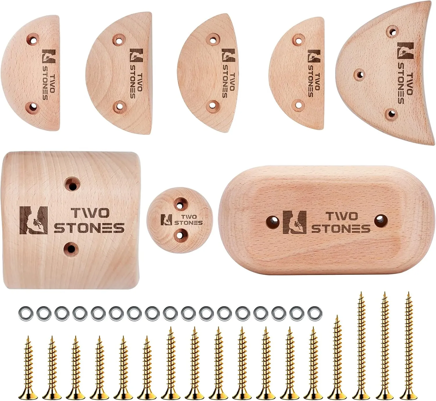 TWO STONES Wooden Rock Climbing Holds Kids and Adults | Wood Rock Wall Climbing Holds Kids and Gyms | Variety Screw On Climbing Hand Holds Set with Mounting Hardware
