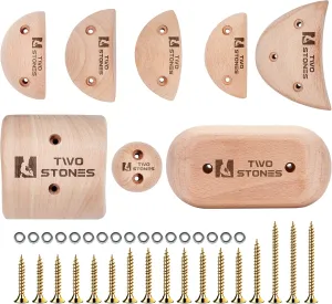 TWO STONES Wooden Rock Climbing Holds Kids and Adults | Wood Rock Wall Climbing Holds Kids and Gyms | Variety Screw On Climbing Hand Holds Set with Mounting Hardware