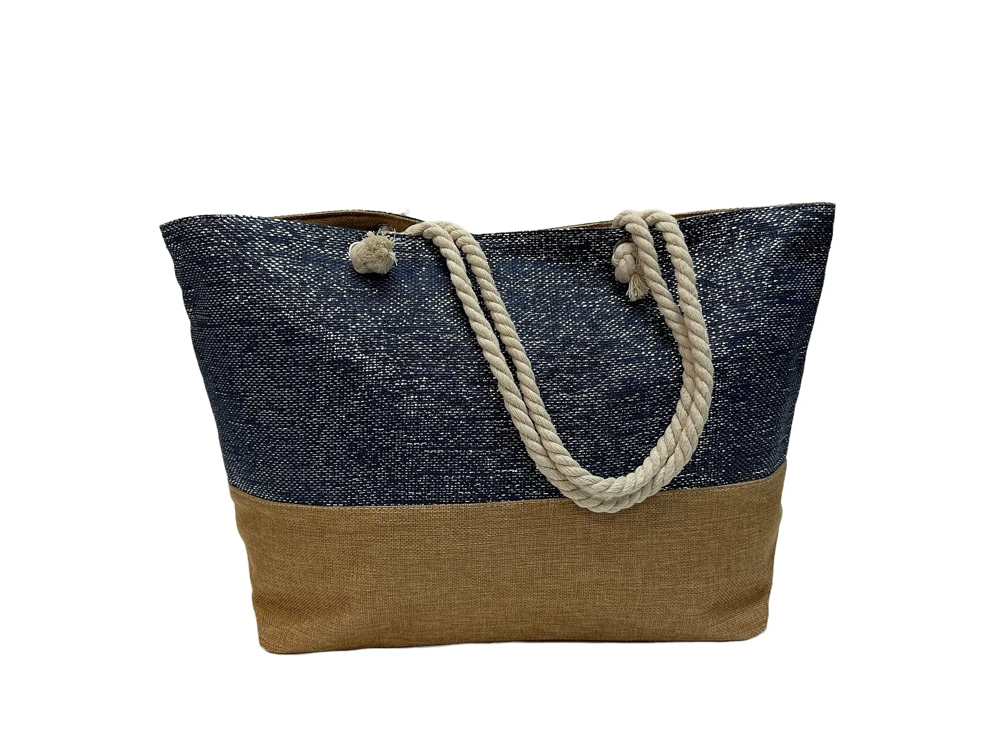 Two-Tone Burlap Tote Bag with Rope Handles - B306